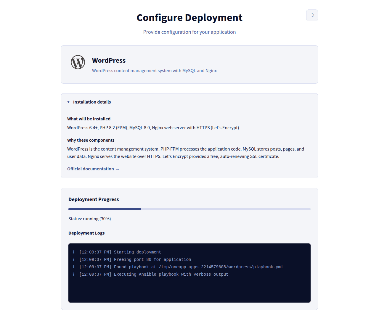 Deployment progress and live logs