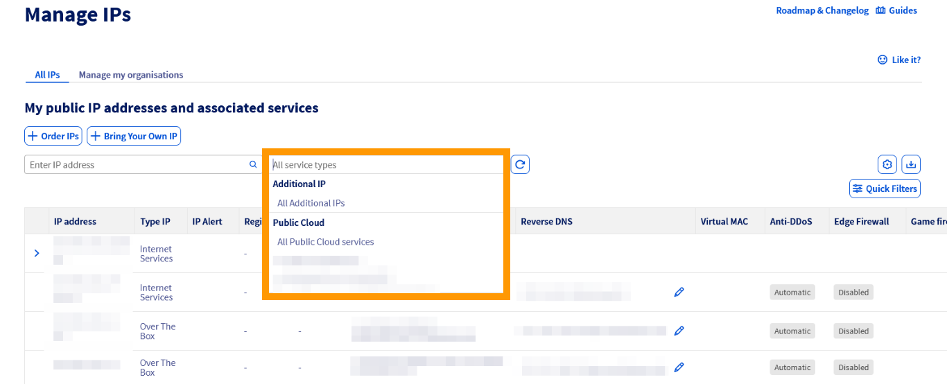 filtrer les services