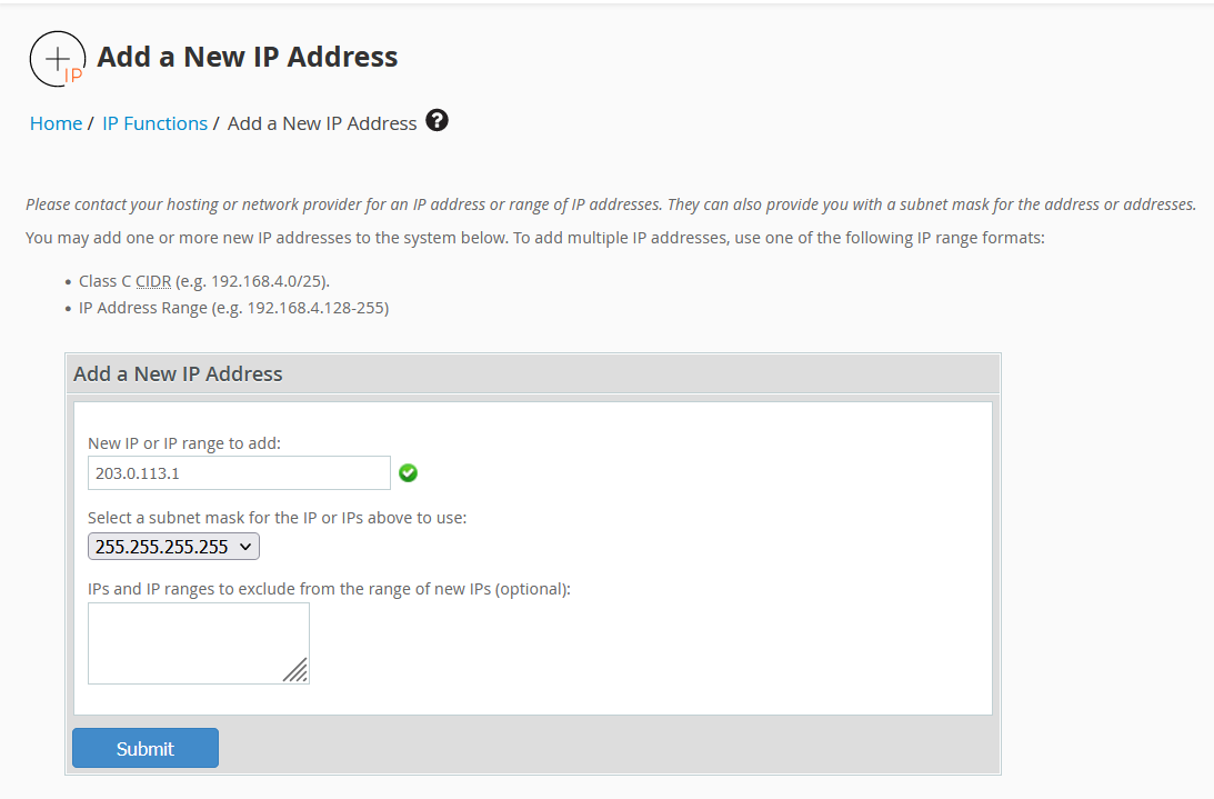 renseigner de nouvelles informations sur la nouvelle adresse IP