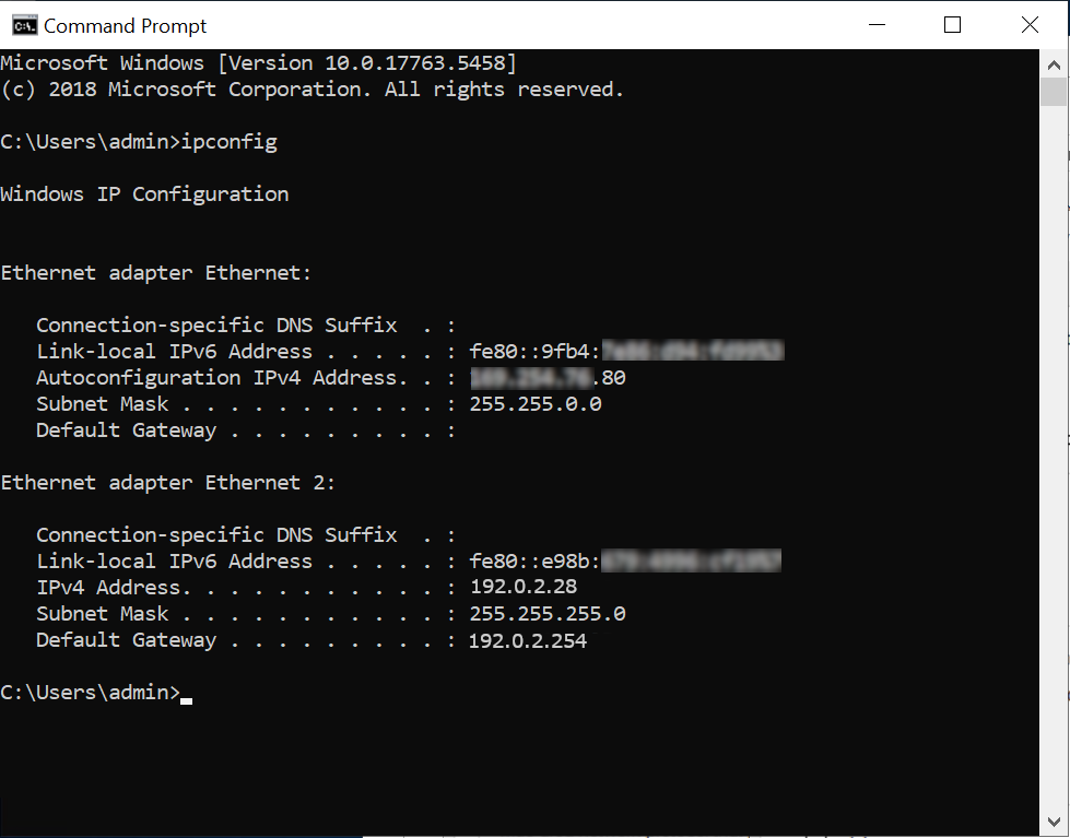 Result of ipconfig command