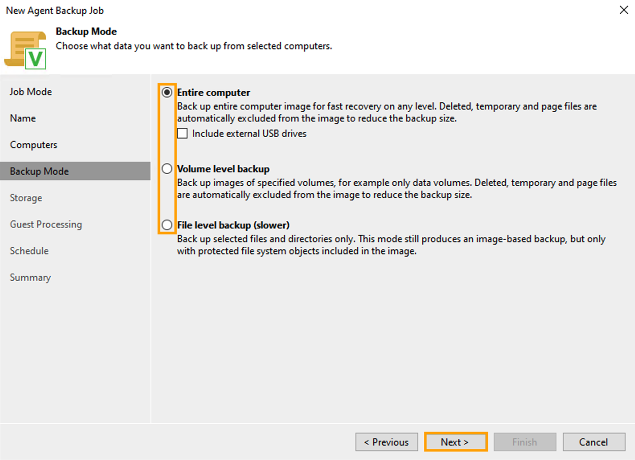 Backup Mode - select mode