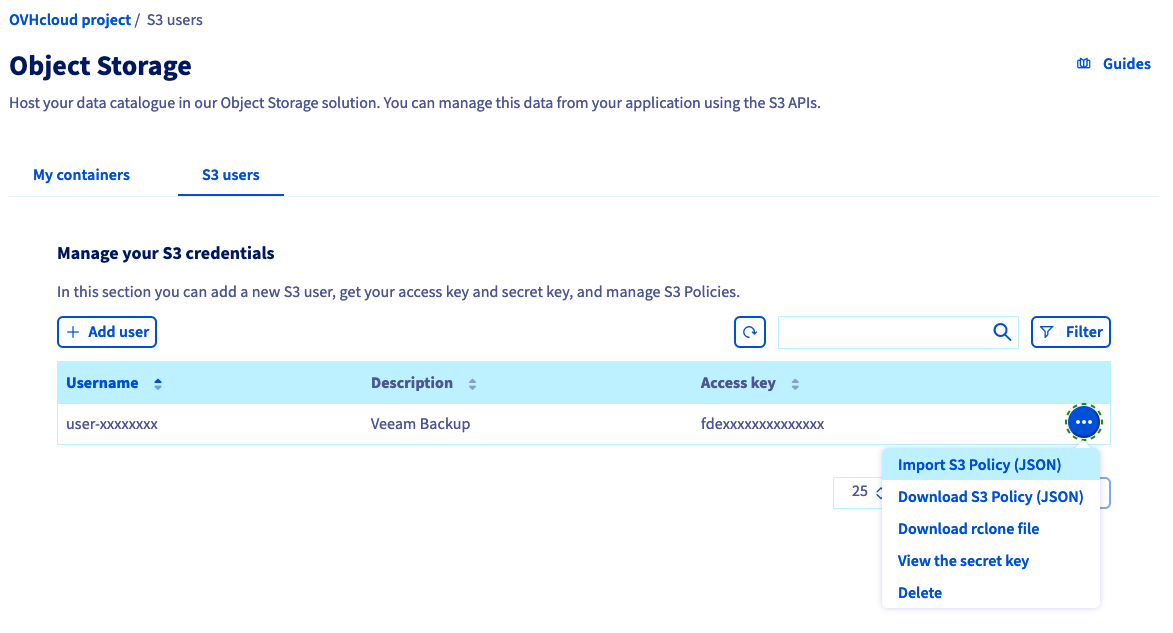 Object Storage - Object Storage user - JSON import