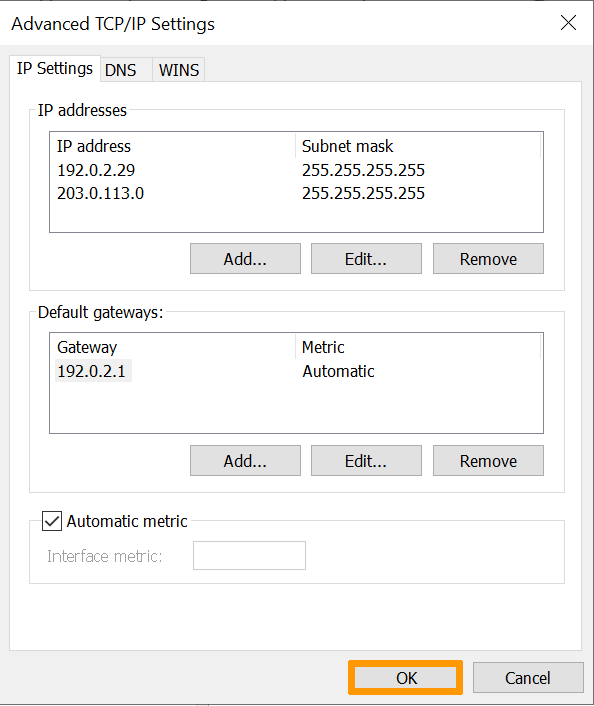 Configurazione del trasferimento IP