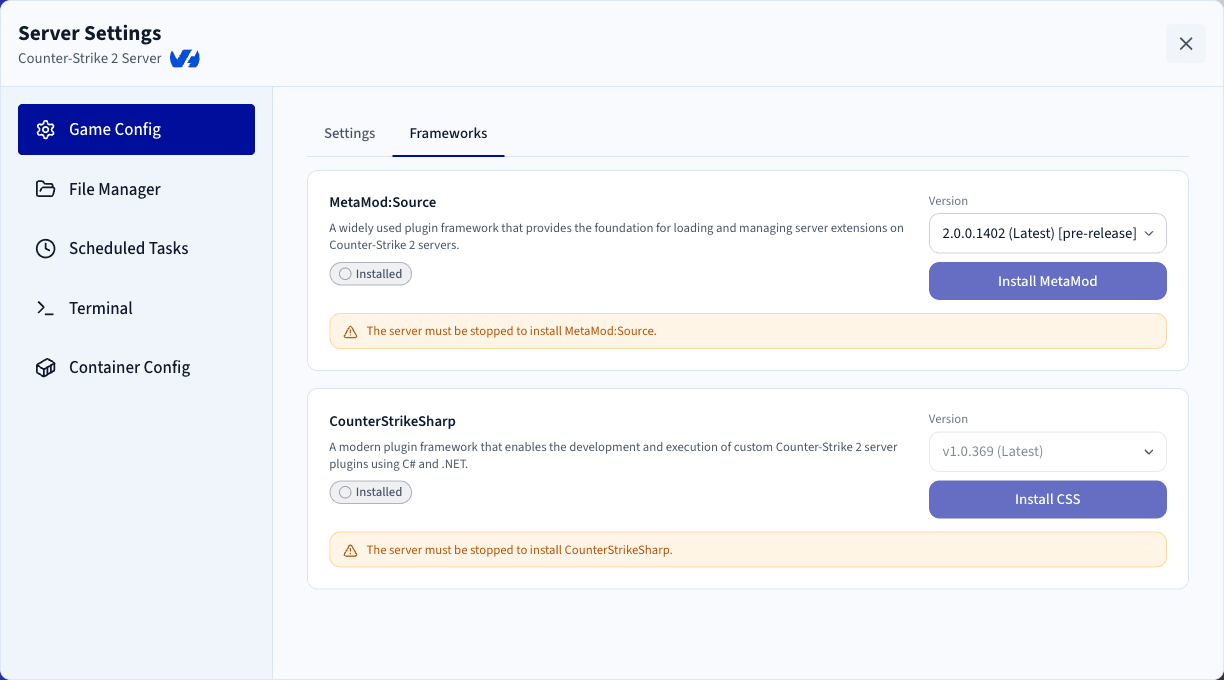 L'onglet Frameworks affichant MetaMod et CounterStrikeSharp