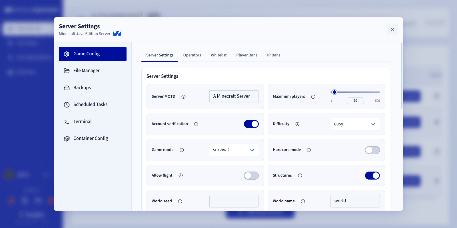 Onglet Game Config dans le Game Panel Server Settings