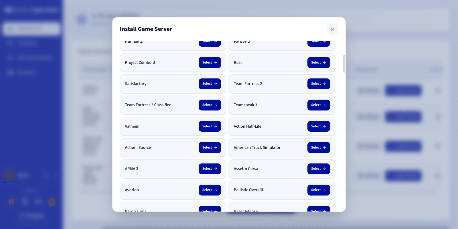 Sélection d'un jeu dans la liste disponible