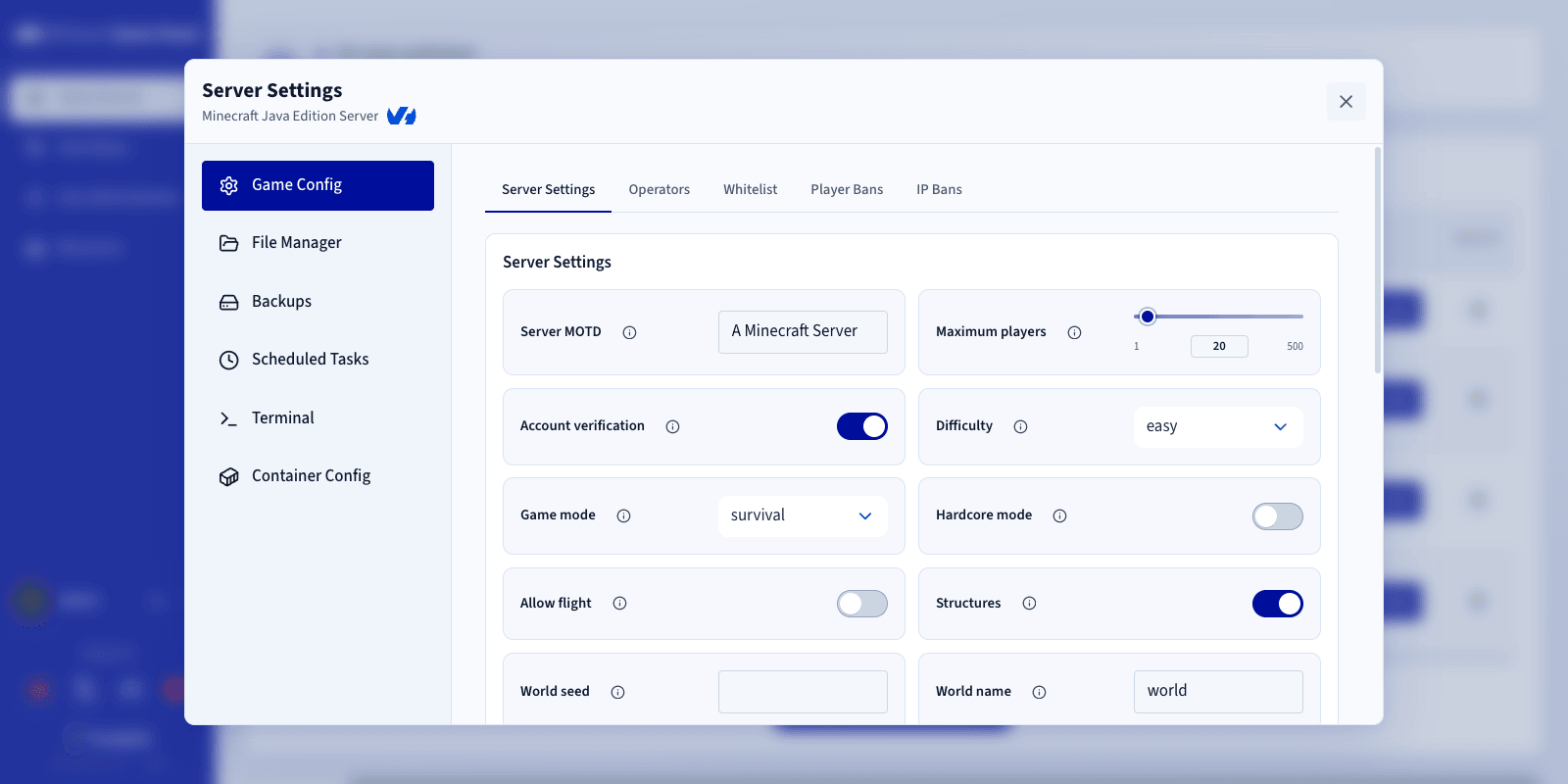 Panneau de configuration spécifique au jeu