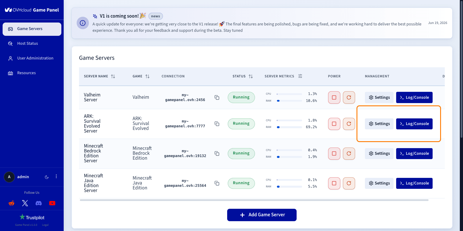 Interface de gestion du serveur avec les contrôles d'état