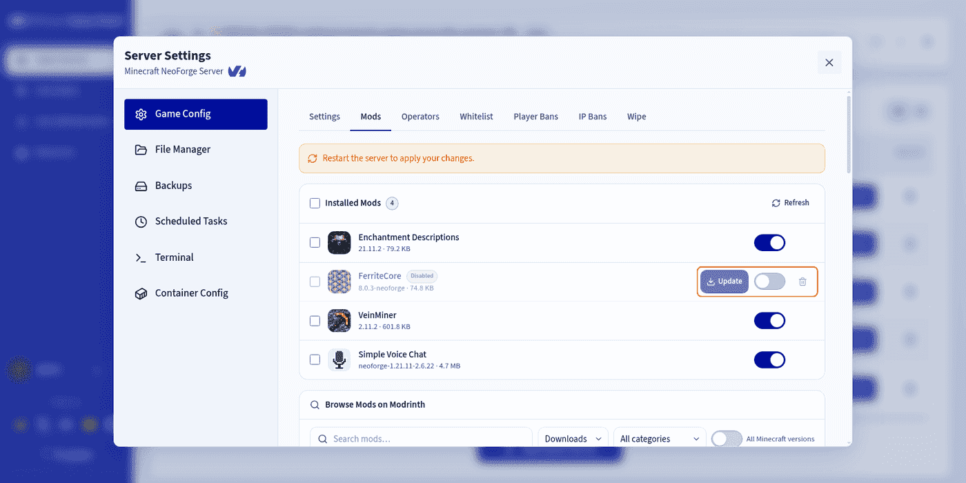 The installed mods list and its management actions