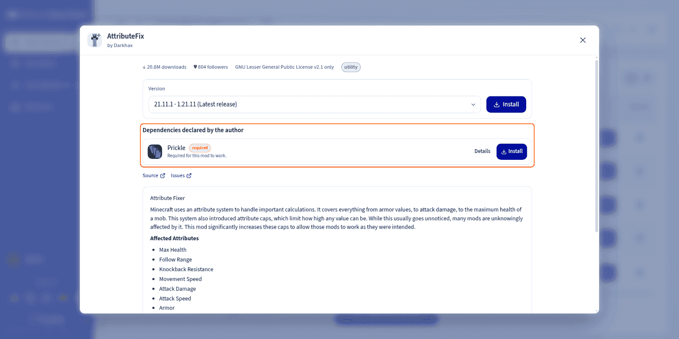 A mod details page and its dependencies declared by the author