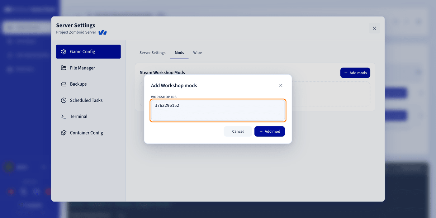 Entering a Workshop ID in the Add Workshop mods dialog