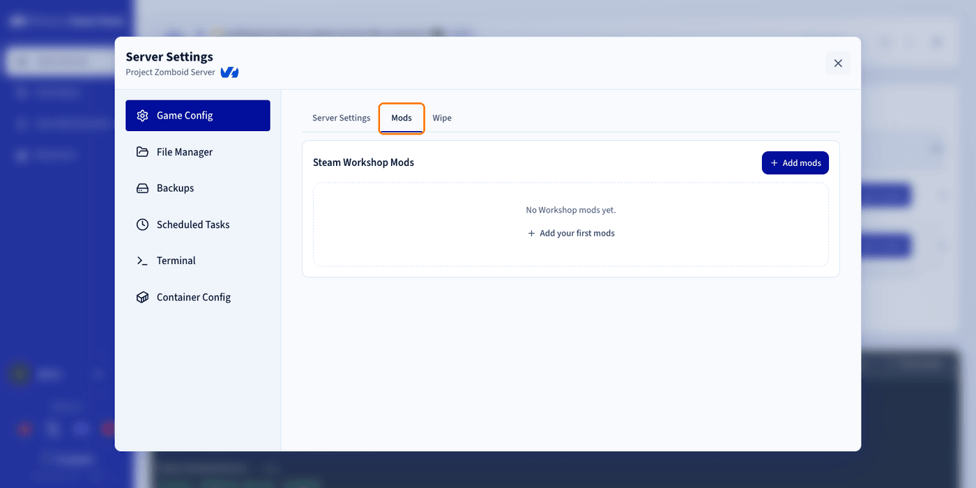 The Mods tab under Game Config in the Game Panel