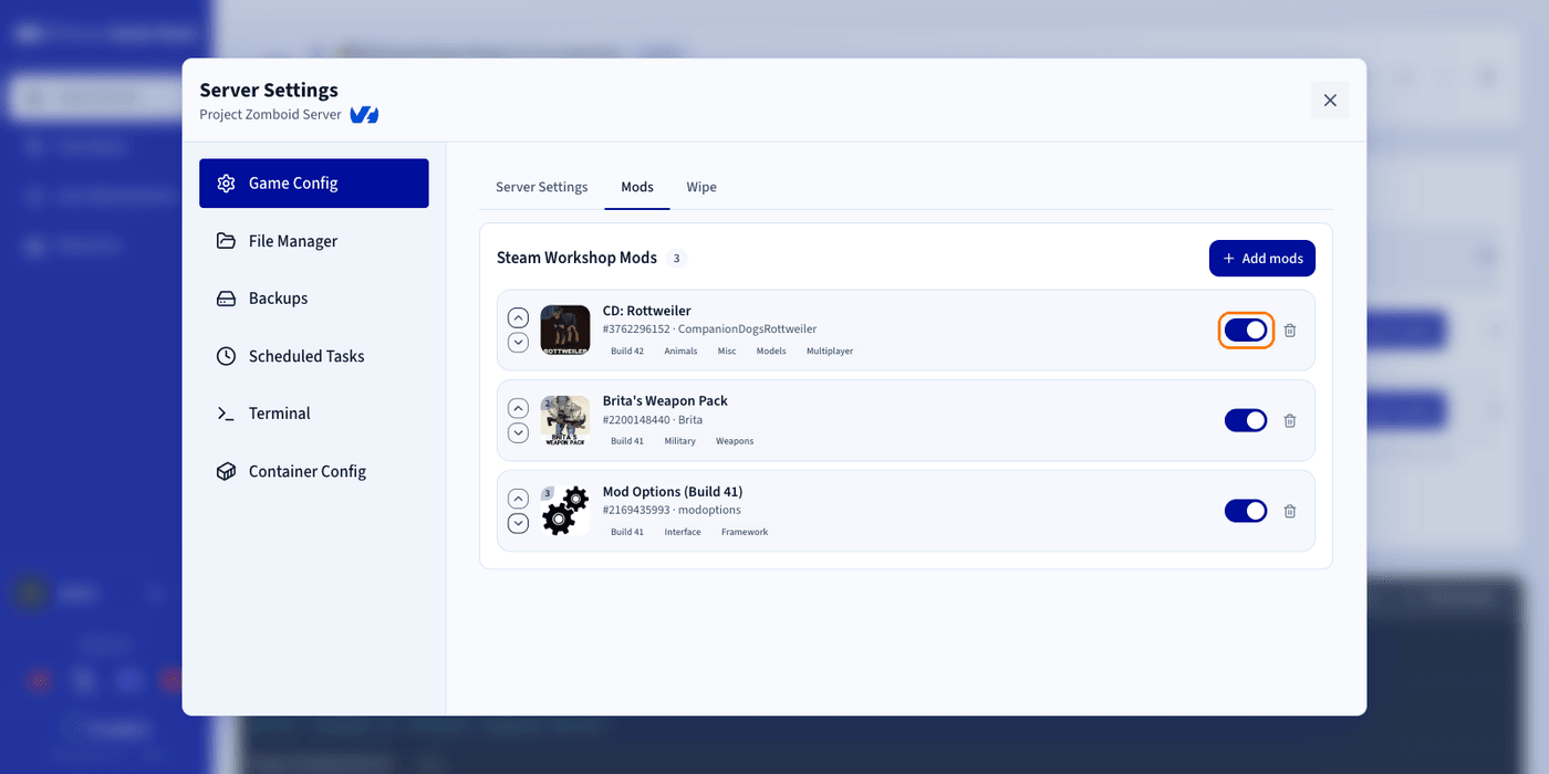 Installed mods list showing the loading order and the per-row toggle switch