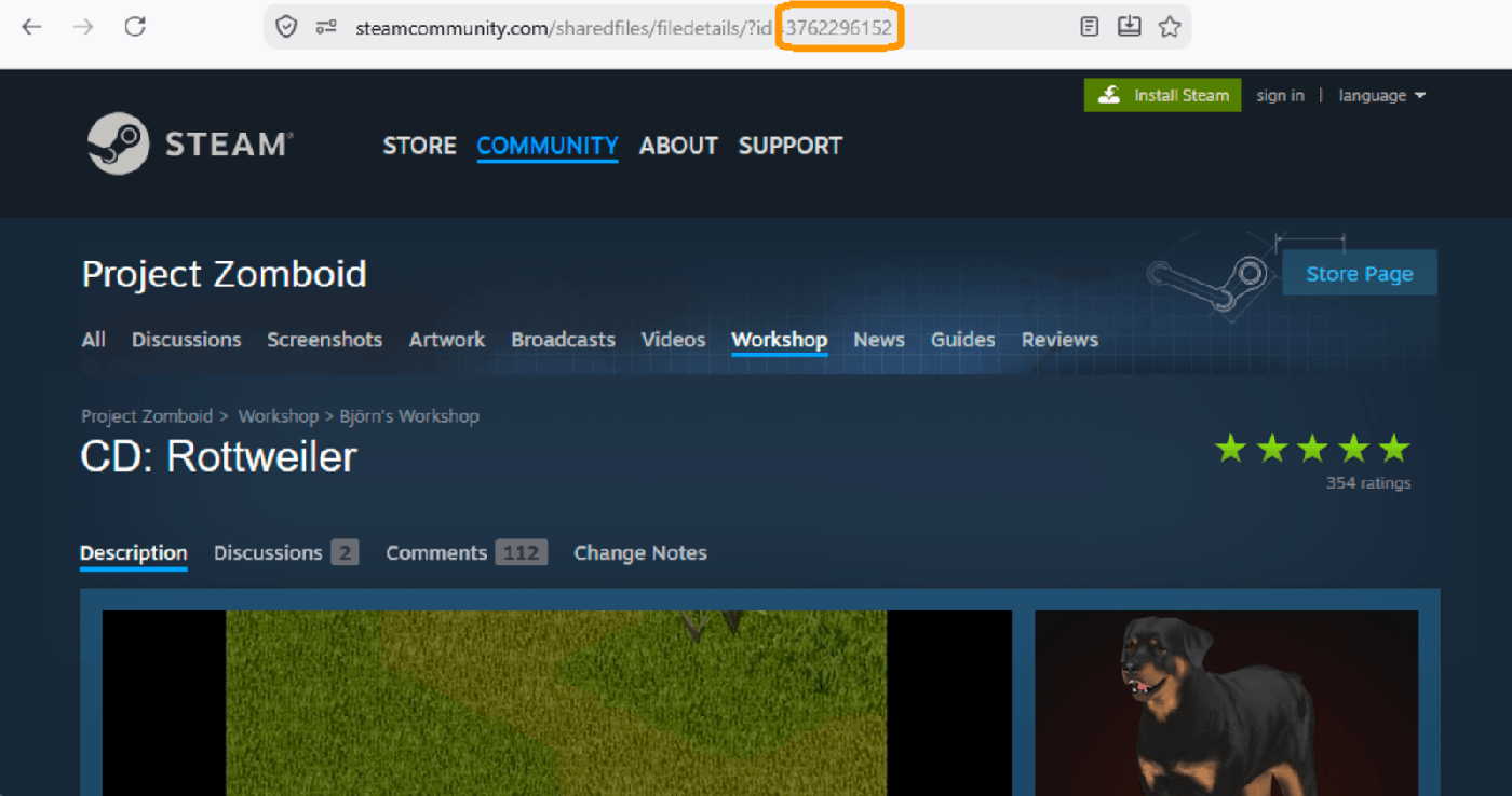 The Workshop ID highlighted in the browser address bar on a Project Zomboid mod page