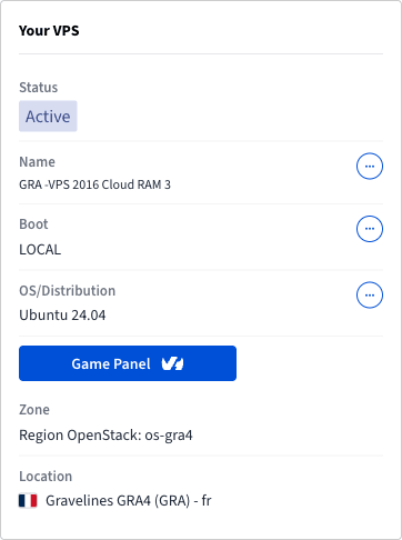 L'entrée Game Panel dans la section Your VPS du dashboard du VPS