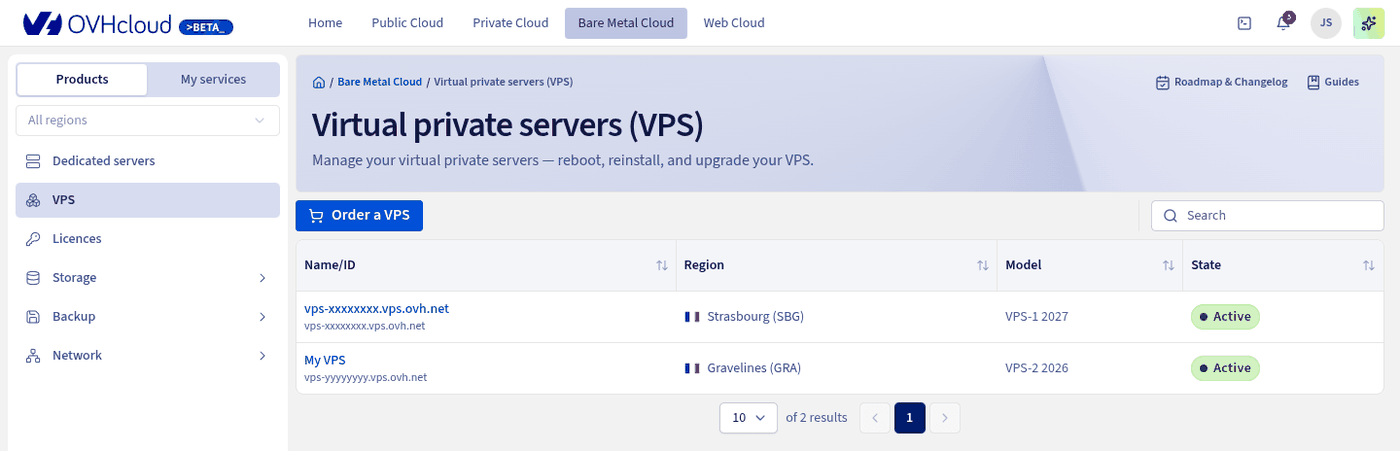 La liste des VPS dans la section Bare Metal Cloud de l'espace client OVHcloud Beta