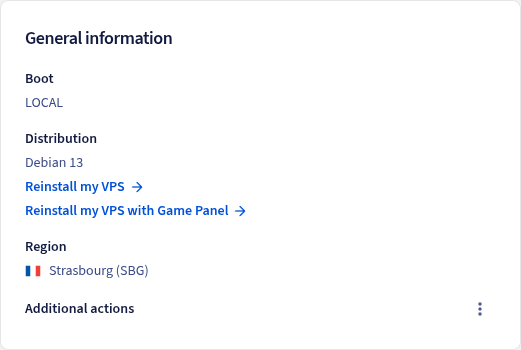 Le lien Réinstaller mon VPS avec Game Panel dans la section Informations générales de l'onglet Vue d'ensemble du VPS