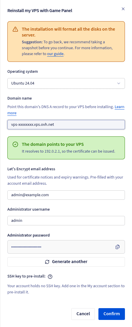 Le formulaire Réinstaller mon VPS avec Game Panel