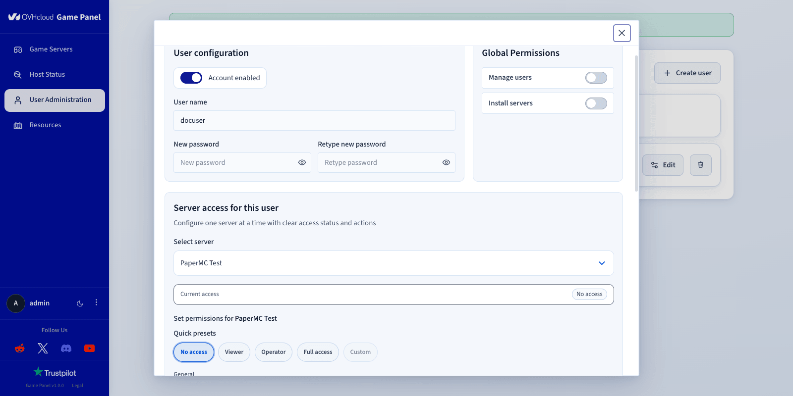 Configuration des permissions au niveau du serveur
