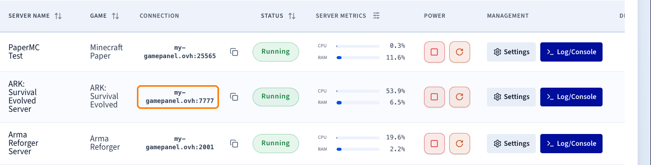 Détails de connexion du serveur ARK