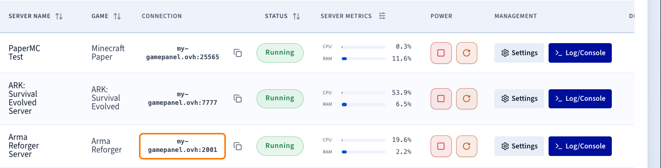 Détails de connexion du serveur Arma Reforger