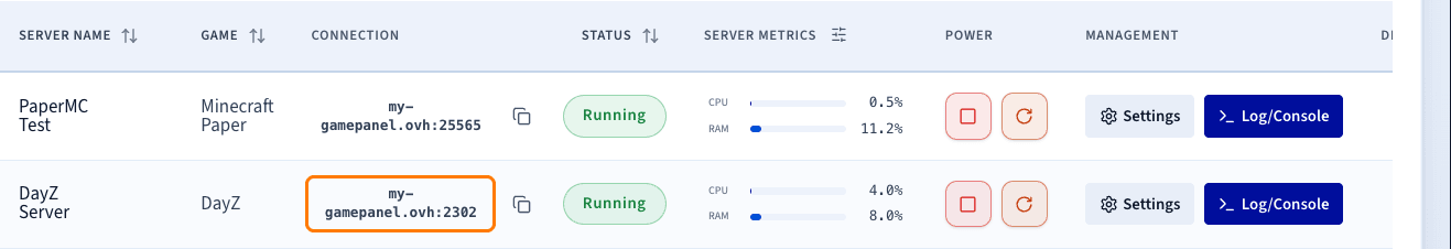 Liste Game Servers avec l'adresse IP de connexion et le port mis en évidence
