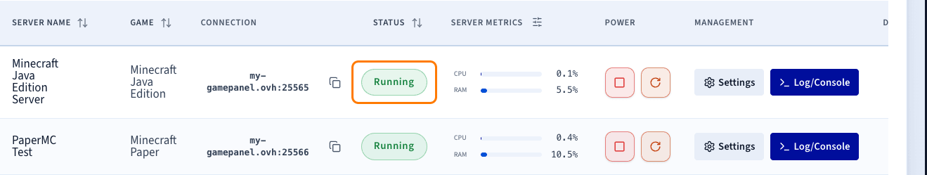 Serveur Minecraft avec le statut Running