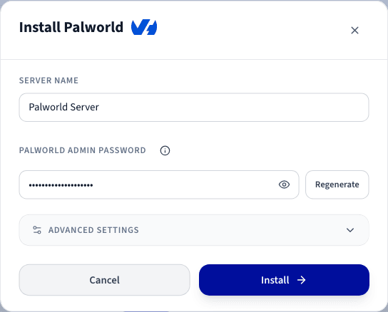 Formulaire de configuration du serveur Palworld avec le nom du serveur et le mot de passe administrateur