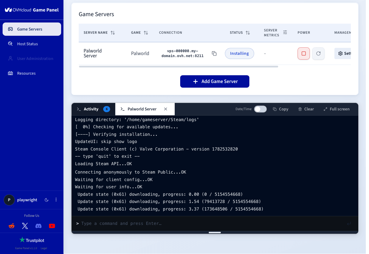 Suivi de l'installation du serveur Palworld dans le panneau de logs