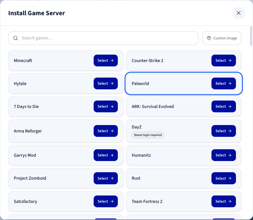 Sélection de Palworld dans la liste des jeux du Game Panel