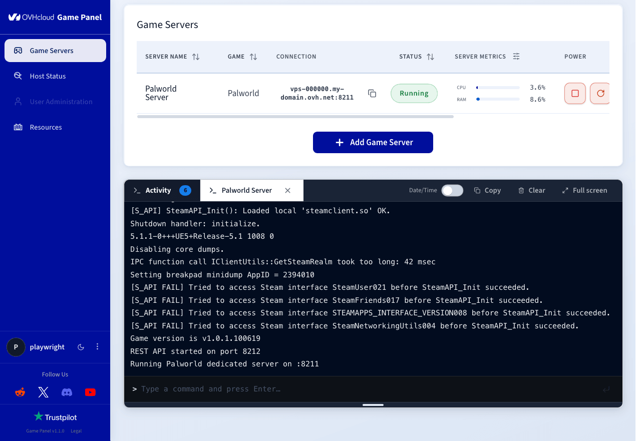 Serveur Palworld avec le statut Running et l'activité CPU et RAM