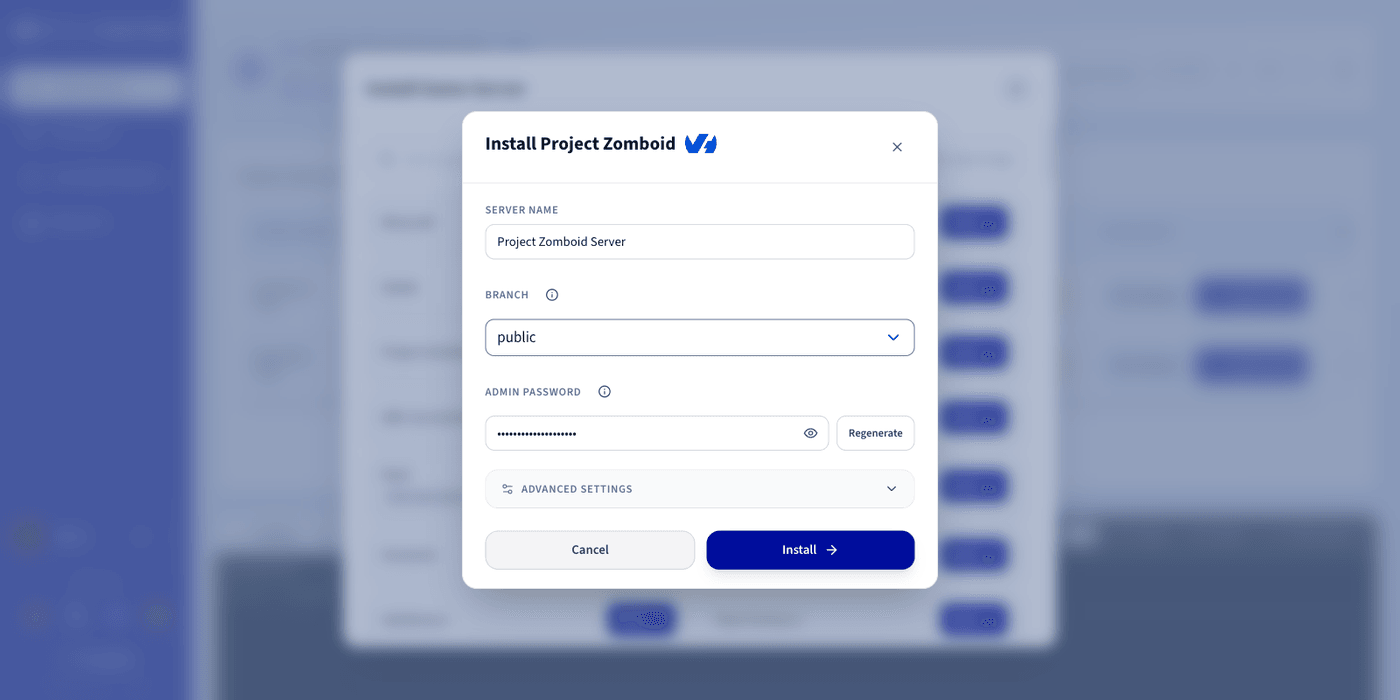 Project Zomboid server configuration form with the branch and administrator password