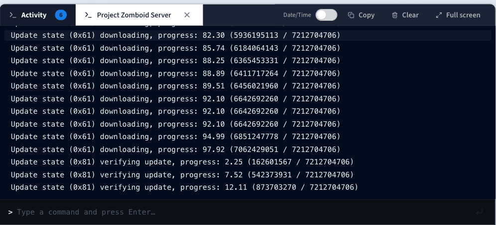 Monitoring Project Zomboid server installation in the logs panel
