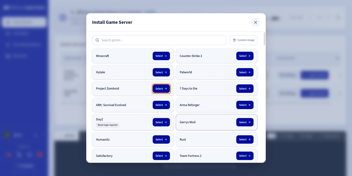Selecting Project Zomboid from the game list in the Game Panel