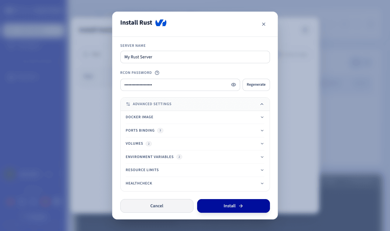 Rust server configuration form with the server name and advanced settings