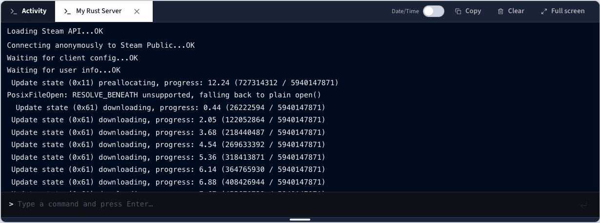 Rust server installation logs in the Game Panel console