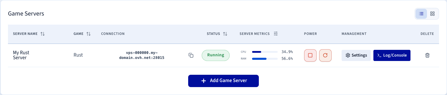 Rust server with Running status and CPU and RAM activity
