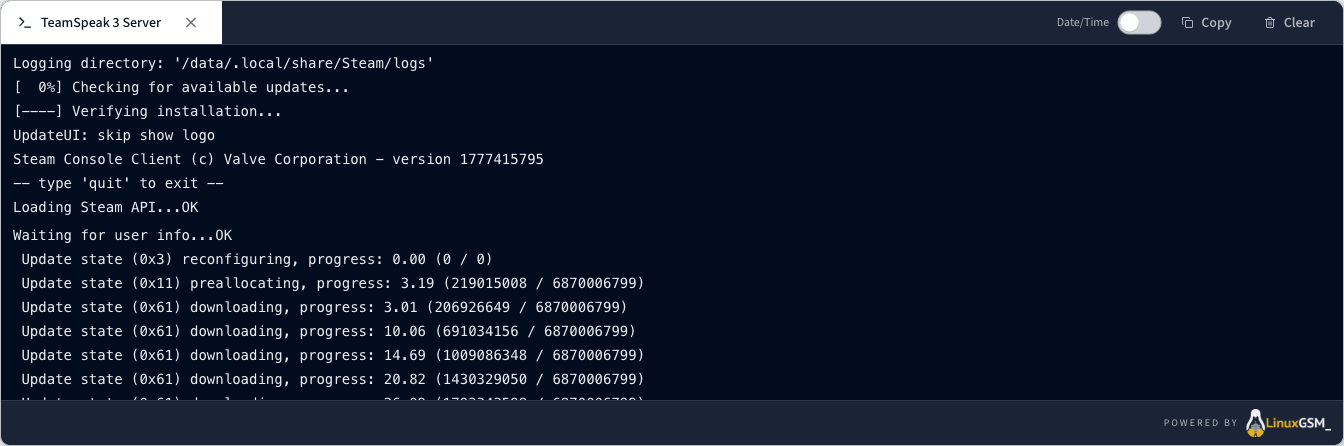 Panneau des logs d'installation de TeamSpeak 3
