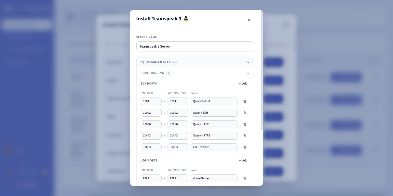 Configuration des Network Ports pour TeamSpeak 3