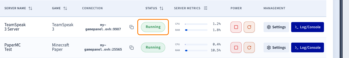 Serveur TeamSpeak 3 avec le statut Running