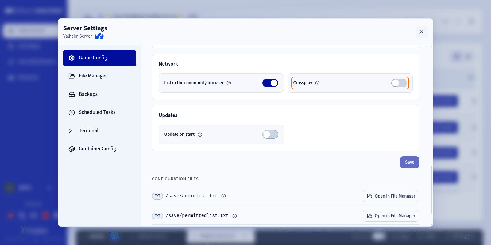 The Crossplay toggle in the Network group of the server settings