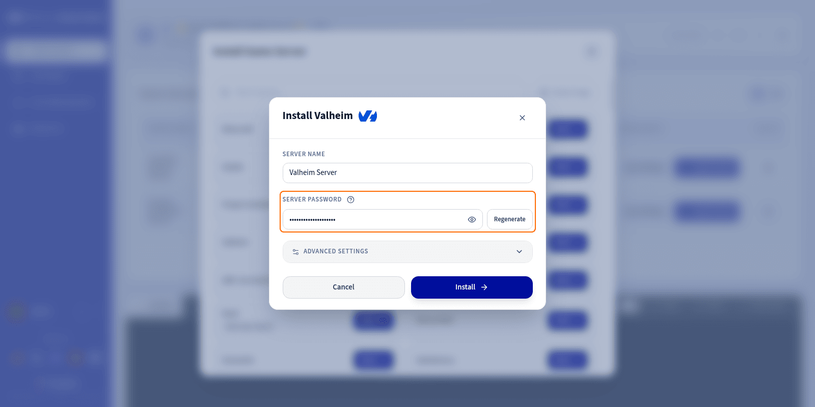 The Valheim install window with the Server Password field