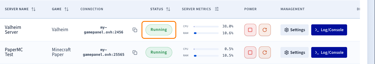 Serveur Valheim avec le statut Running