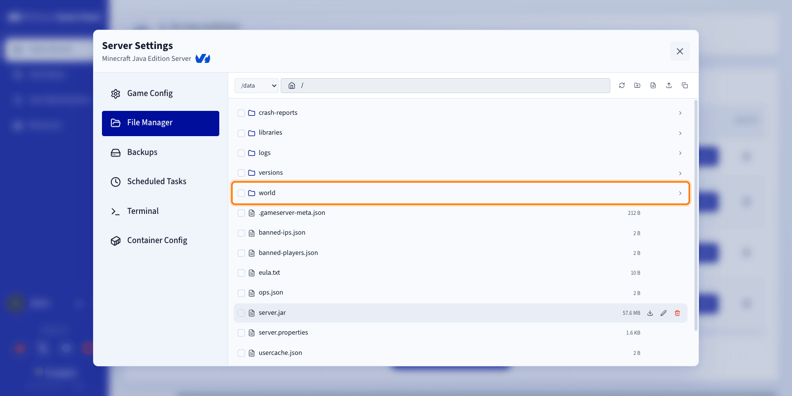 Le dossier du monde dans le File Manager