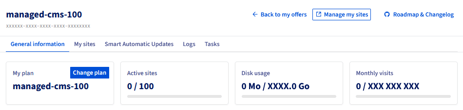 General information page of the resource with the Manage websites button at the top right