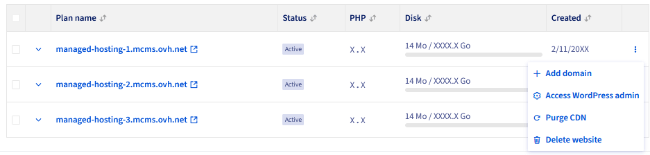 Add a domain button in the actions menu of a WordPress website in the datagrid