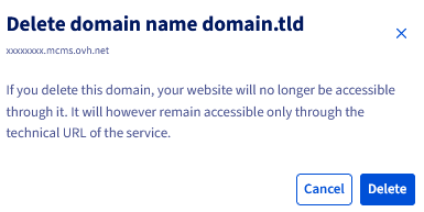 Confirmation modal for deleting a domain name with warnings on SEO, email and SSL impacts