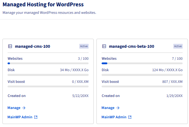 Managed Hosting for WordPress resource in the datagrid with the Manage button highlighted