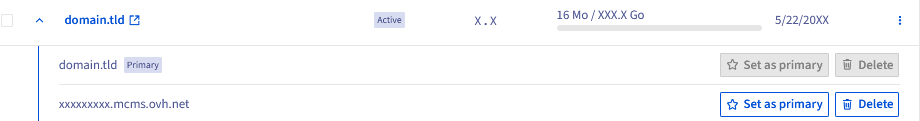 Delete option in the actions menu of a domain name in the My sites datagrid