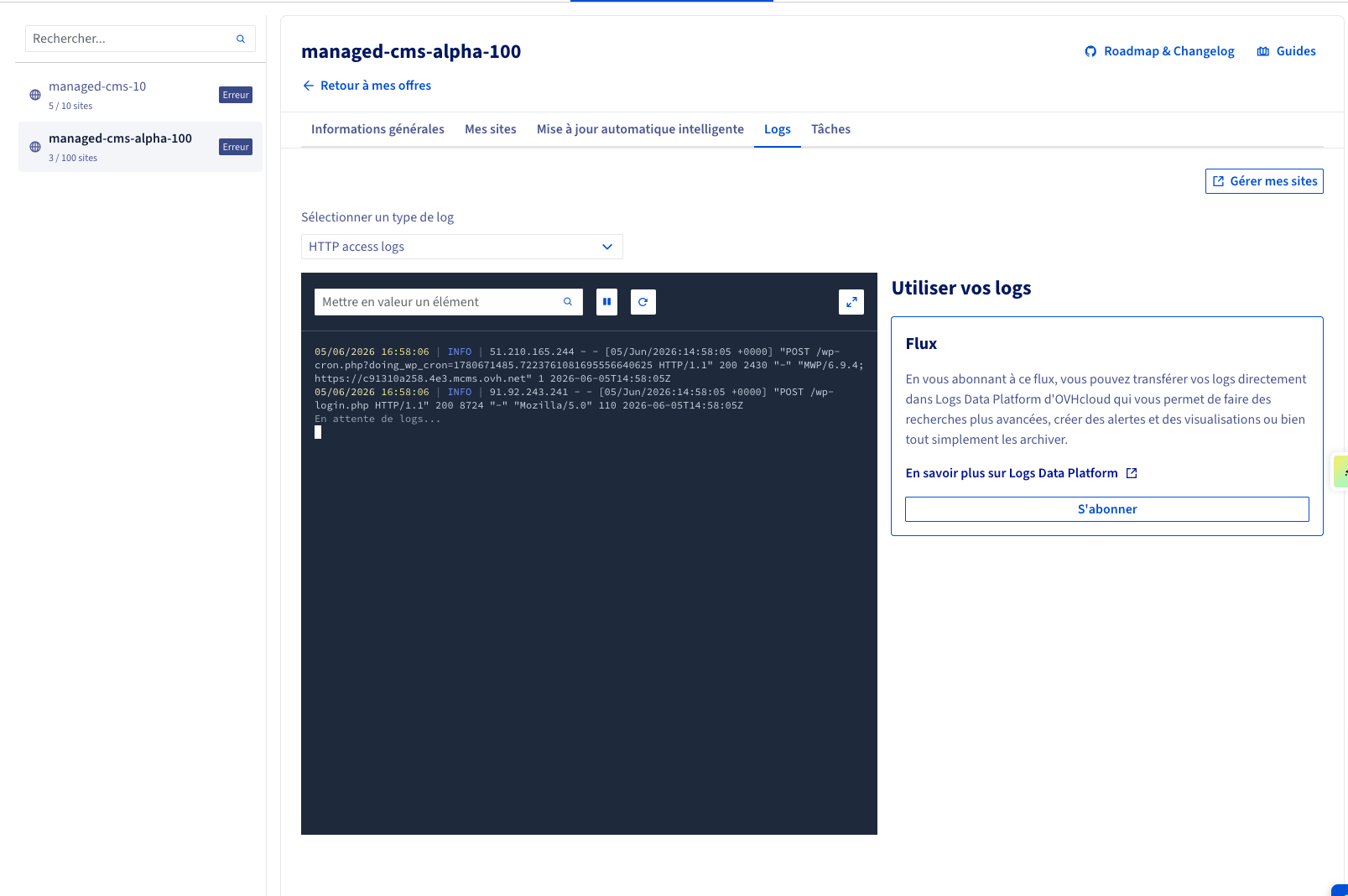 Scheda Logs di una risorsa Managed Hosting for WordPress che mostra il visualizzatore di log in diretta e il pannello di abbonamento al flusso Logs Data Platform